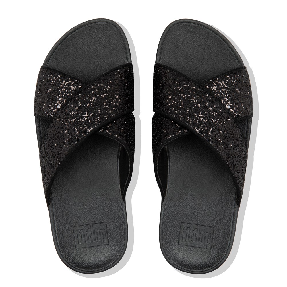 Fitflop Womens Slides - Lulu Glitter Cross - Black - 650-JGKISQ